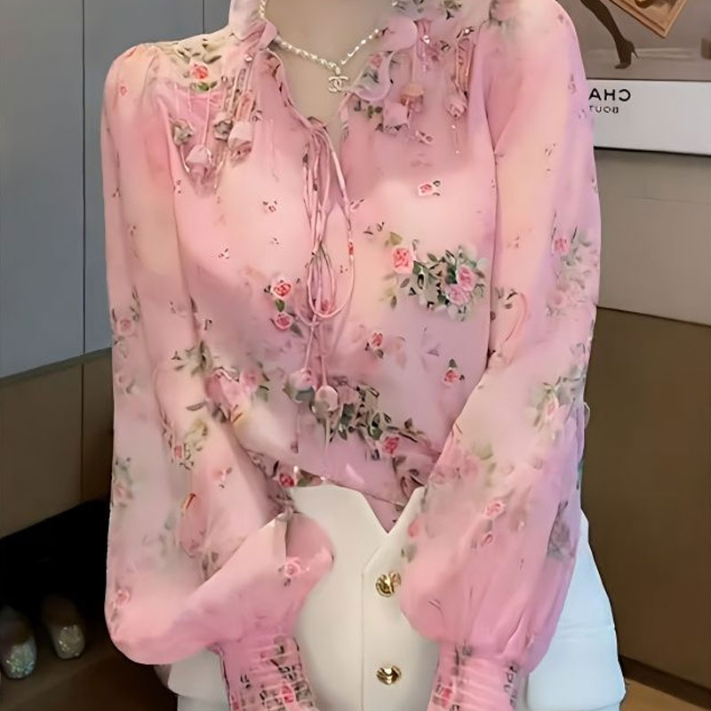 Tassel Fringe Trim - Koreańska bluzka z nadrukiem złamanych kwiatów